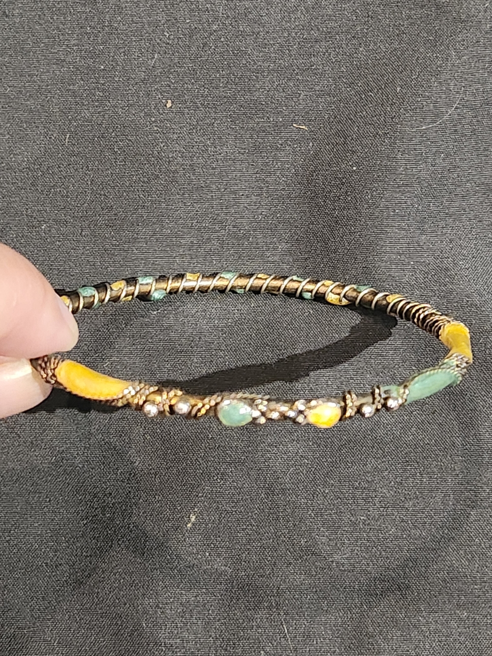 Goldtone Enamel Bangle Bracelet Yellow Sage w Silver Beads Metal Coils